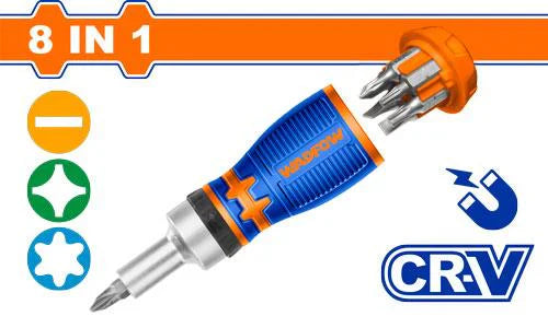 WADFOW 8-in-1 Stubby Ratchet Screwdriver Set with Cr-V Bits WSS8608