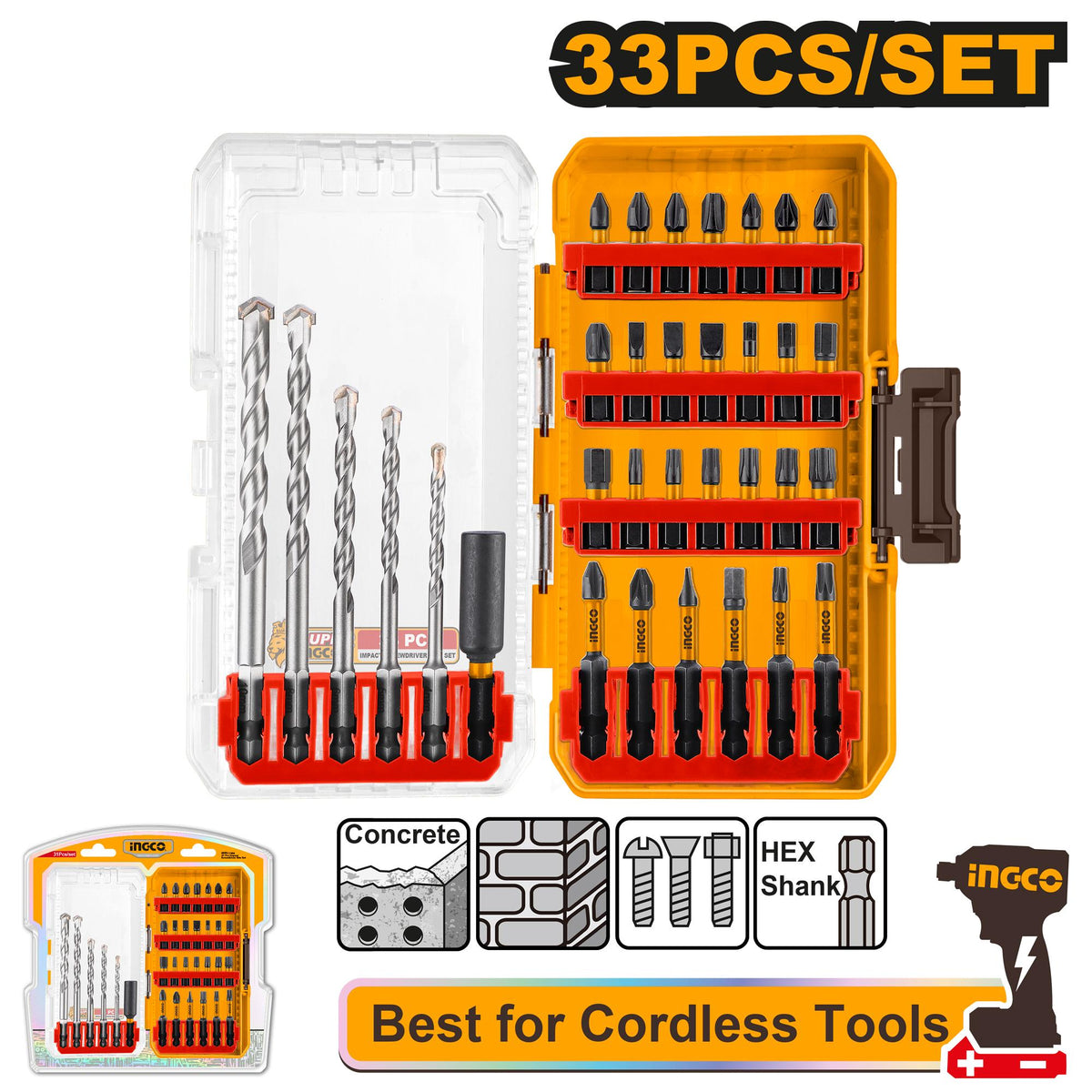 Ingco 33 Pcs Masonry Drill Bits and Impact Screwdriver Bits Set | AKDL11303 Ingco