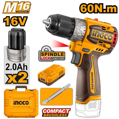 Ingco 16V 60Nm 0-550/0-2000rpm Compact Brushless Cordless Drill | CDLI16682 Ingco