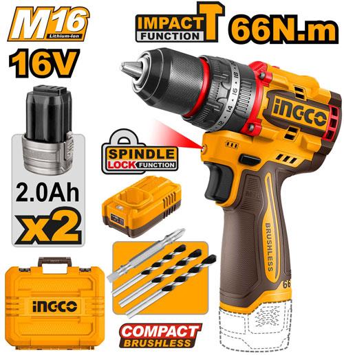 Ingco 16V 66Nm 0-500/0-2000rpm Compact Brushless Cordless Impact Drill | CIDLI166062 Ingco