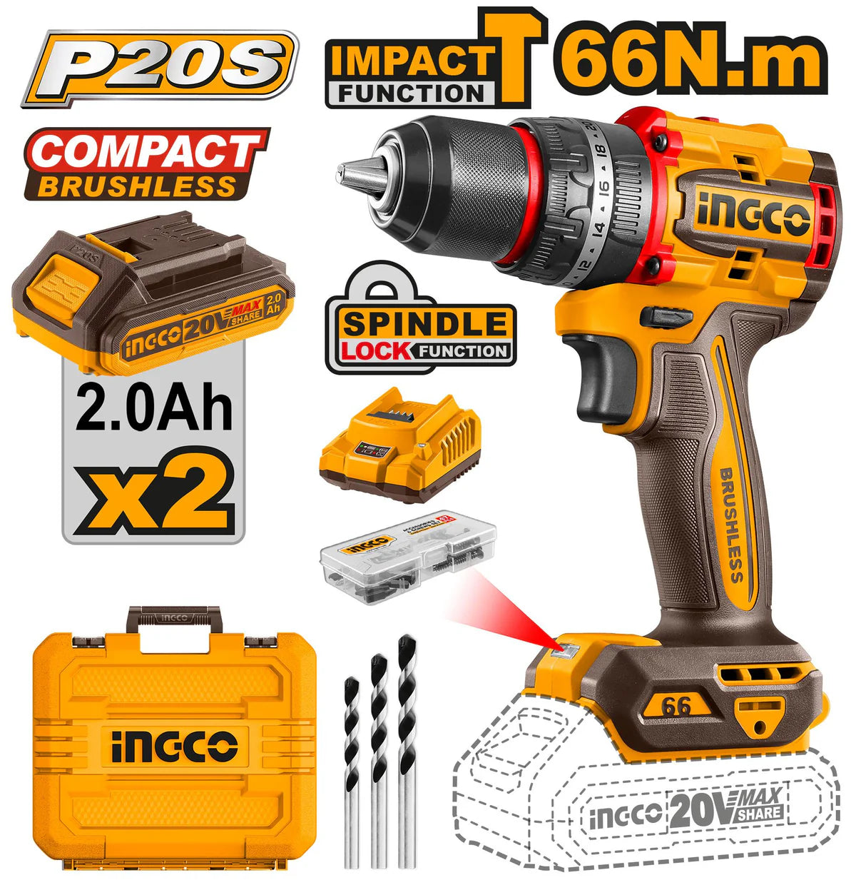 Ingco 20V Cordless Brushless Impact Drill | CIDLI20668 Ingco
