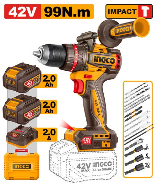 Ingco 42V 99Nm 0-500/0-2000rpm Brushless Cordless Impact Drill | CIDLI429982 Ingco