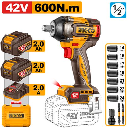 Ingco 42V 600Nm 0-1700/0-2100/0-2300rpm Cordless Impact Wrench | CIWLI42602 Ingco