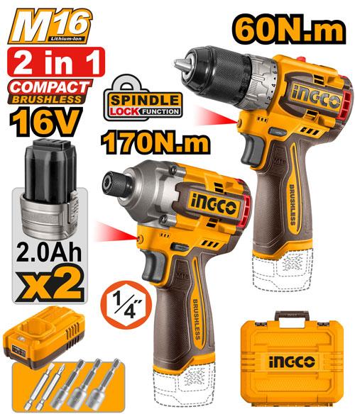 Ingco 16V Cordless 2 Pcs Combo Kit | COSLI240968 Ingco