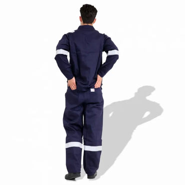 Flame Retardant Cotton 300GSM Safety Coverall With Grey Reflective Strips - Dark Blue