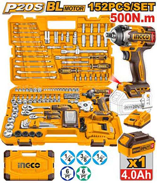 Ingco 500Nm 4.0Ah 152 Pcs Cordless Impact Wrench Tools Set | HKTHP31521 Ingco