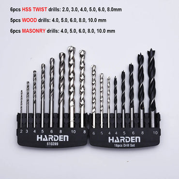 Harden 16pc Drill Bit Set (HSS, Wood, Concrete) | 610289 Harden