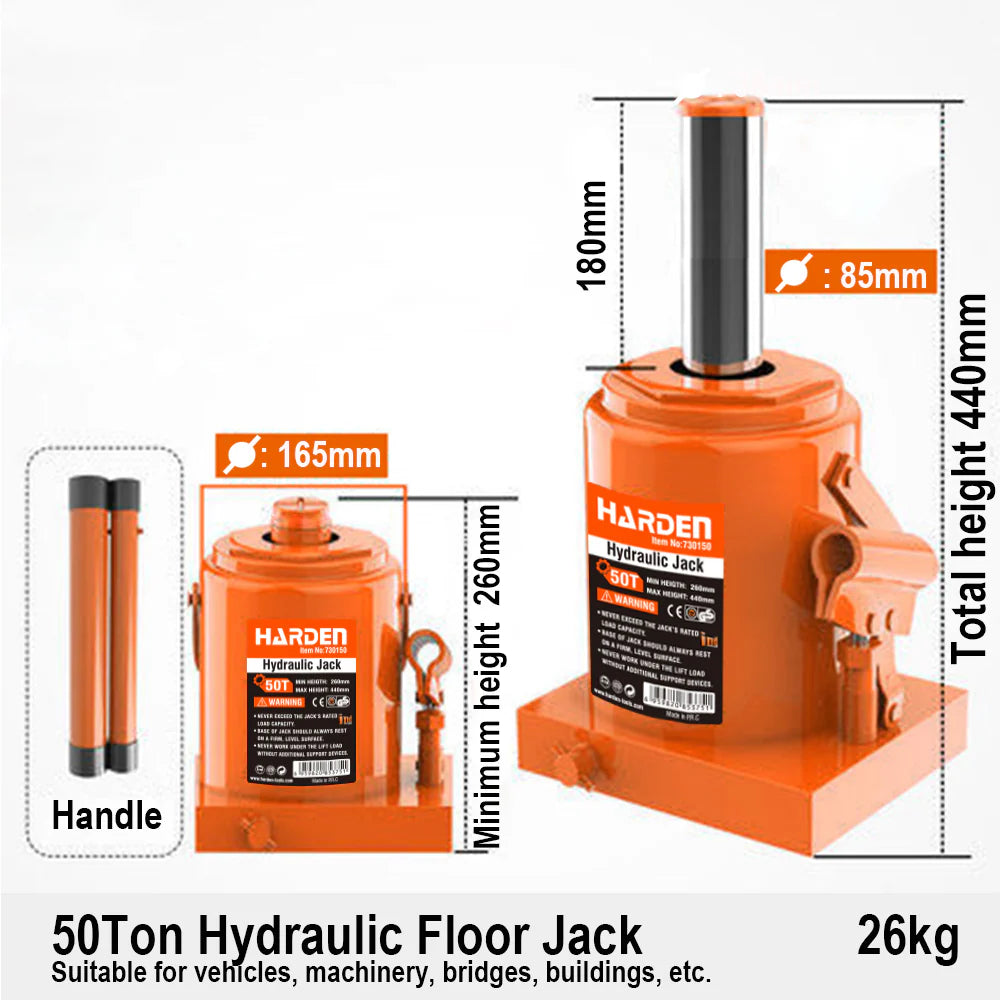 HARDEN 730150 50-Ton Heavy Duty Industrial Hydraulic Bottle Jack for Truck and Machinery Lifting