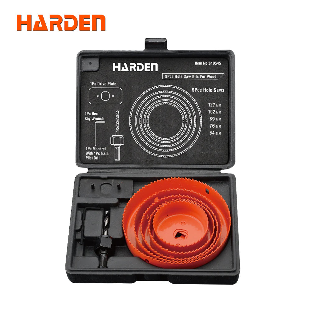 Harden Professional 8-Piece Wood Hole Saw Kit – 64mm to 127mm | 610545