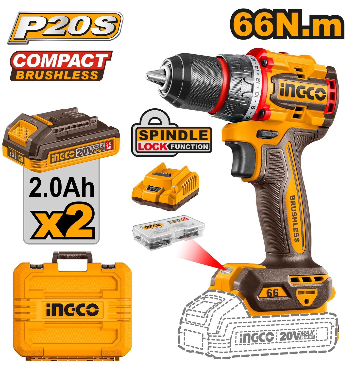 INGCO 20V Compact Brushless Cordless Drill Kit - 66Nm Torque | CDLI20668 Ingco