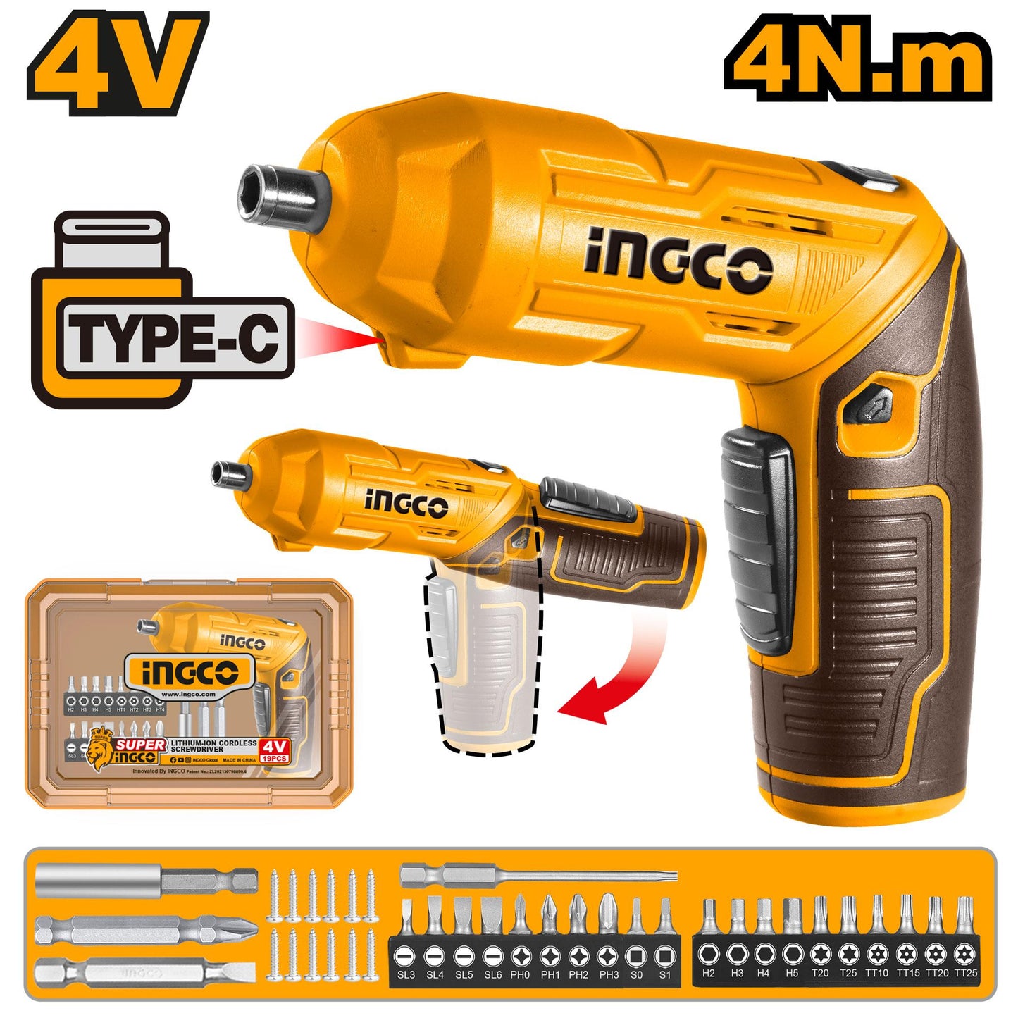 INGCO 4V Cordless Screwdriver 4Nm 240RPM | CSDLI04425