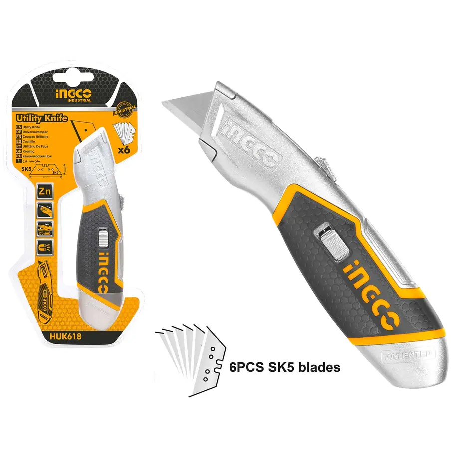 INGCO Utility Knife - Zinc Alloy Shell with 6 SK5 Blades | HUK618