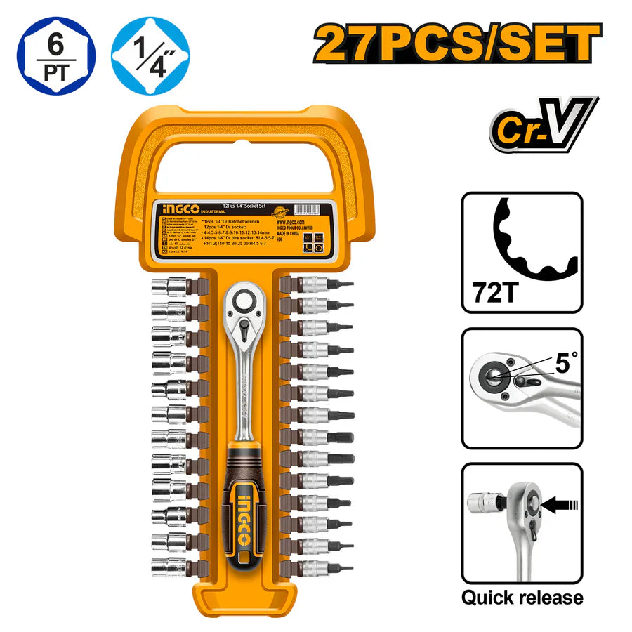 INGCO 27 Pcs 1/4" Socket & Bit Set 72T Cr-V | HKTS14271