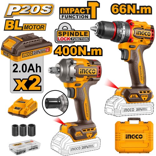 INGCO CKLI20275 2pc Cordless Brushless Impact Combo Kit