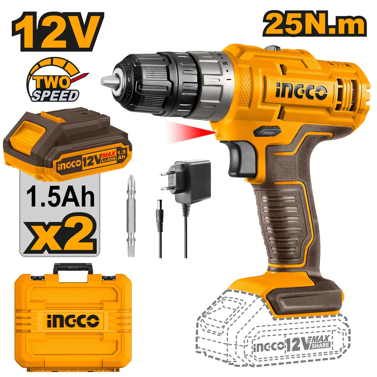 INGCO CDLI1228 12V Cordless Drill 25Nm Max Torque 2 Batteries