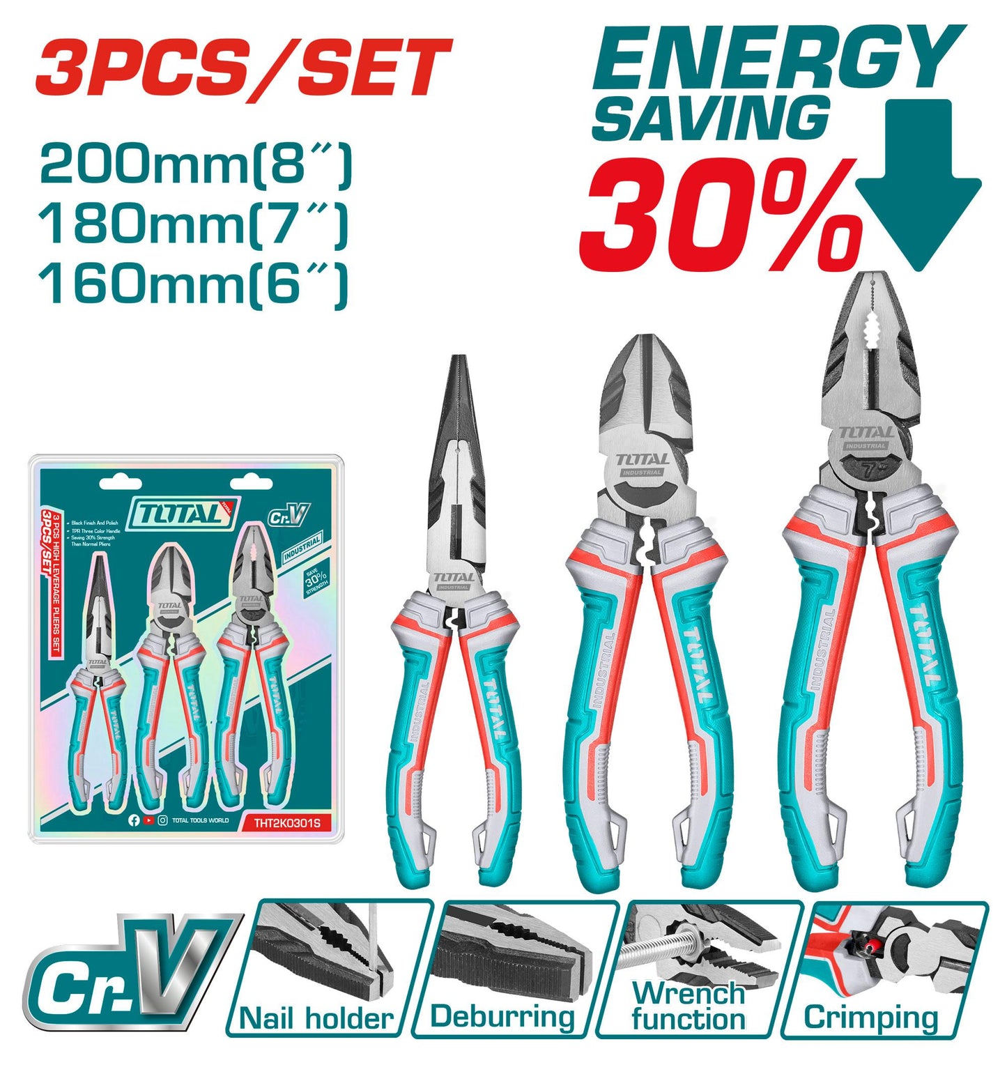 TOTAL 3 Pcs High Leverage Pliers Set Cr-V | THT2K0301S Total