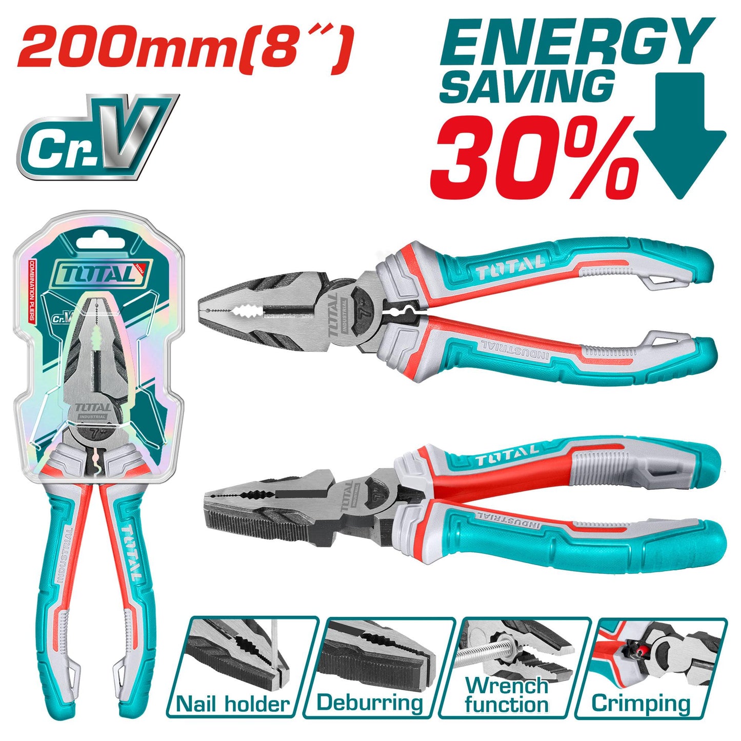 TOTAL THT210806S 8" High Leverage Combination Pliers (Cr-V) - Crimping & Spanner Functions
