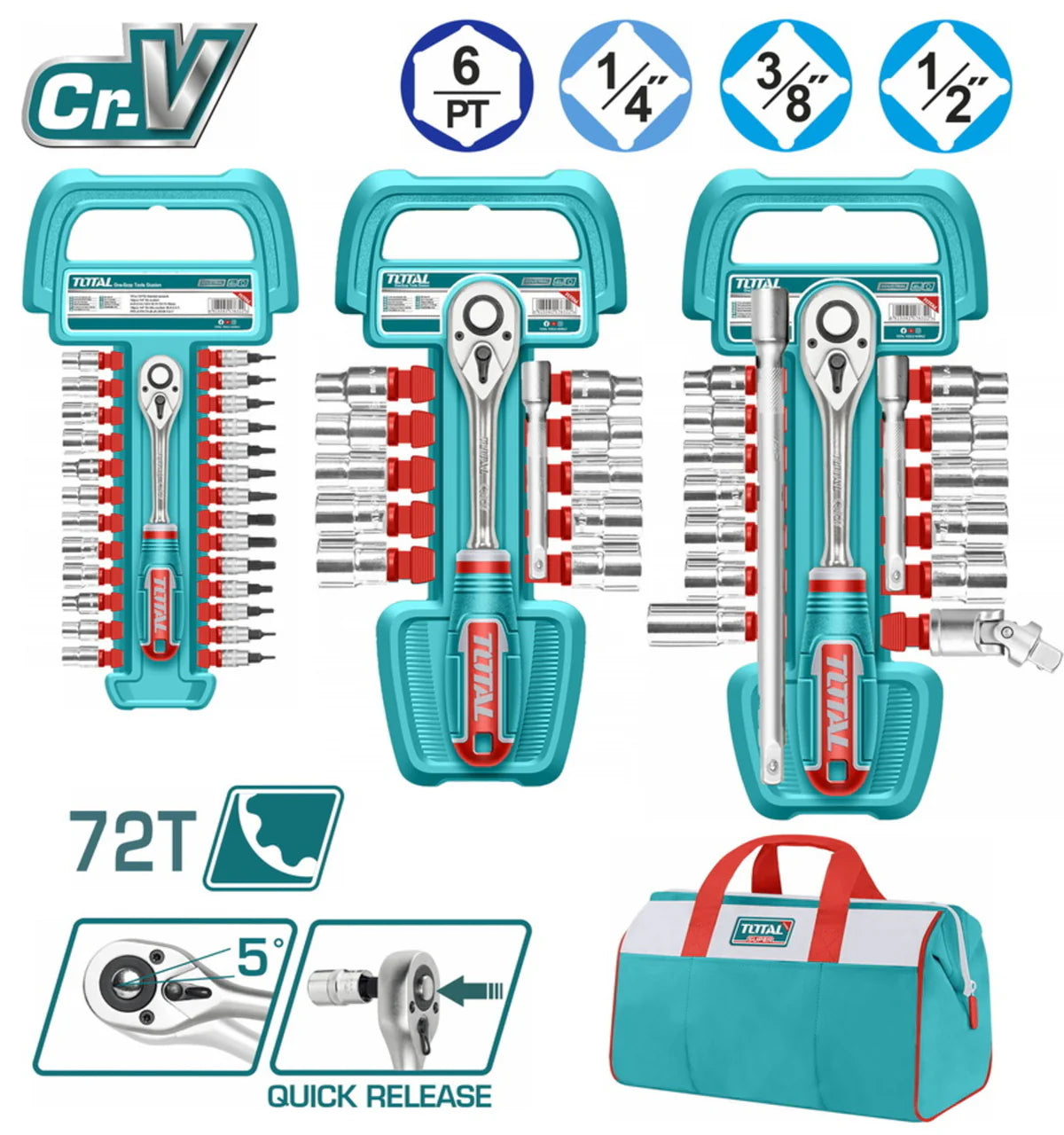 TOTAL TOS23092 57 Pcs Socket Set 1/4" 3/8" 1/2" Drive Tools