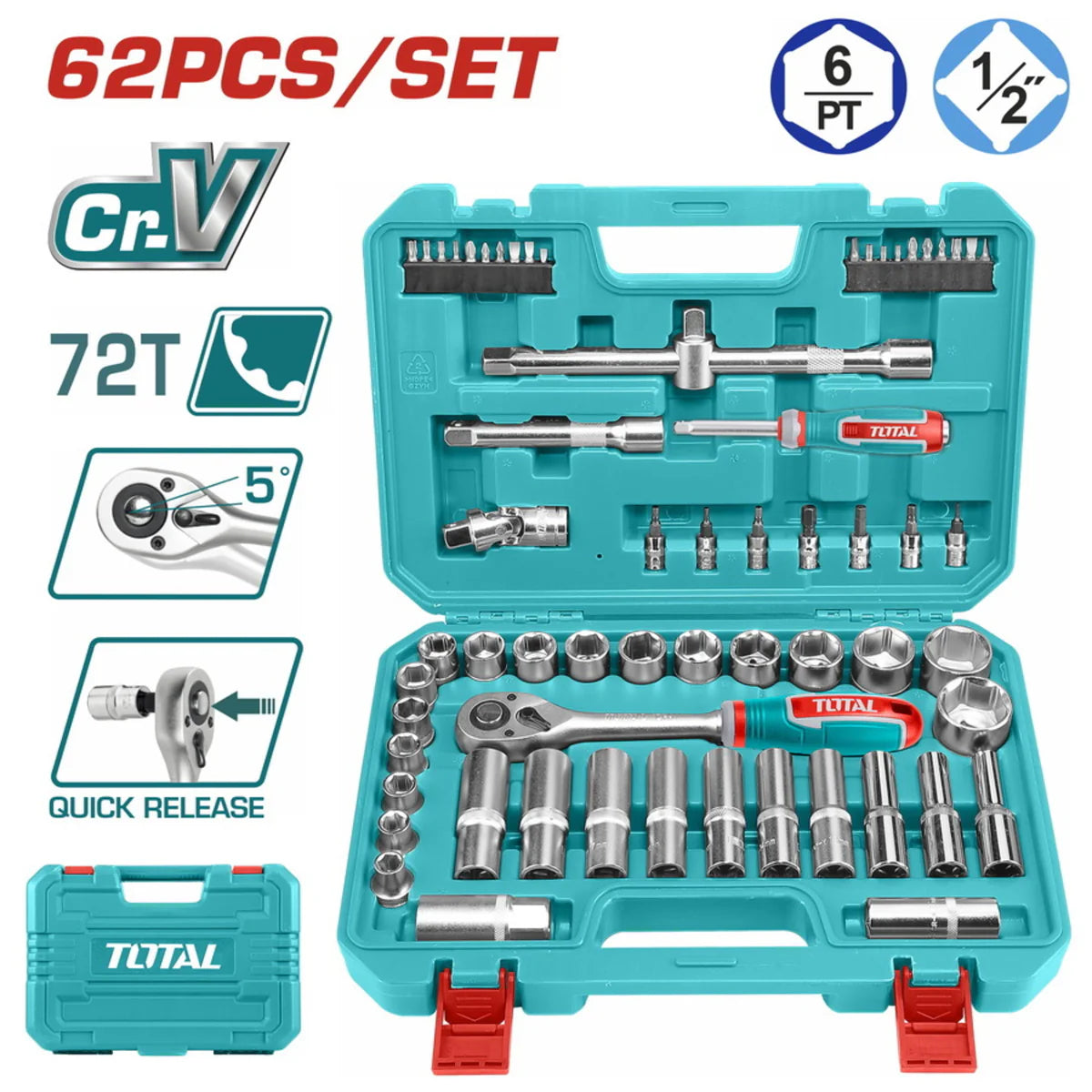 TOTAL THT121602 62 Pcs 1/2" Socket Set Deep & Standard Sockets Total