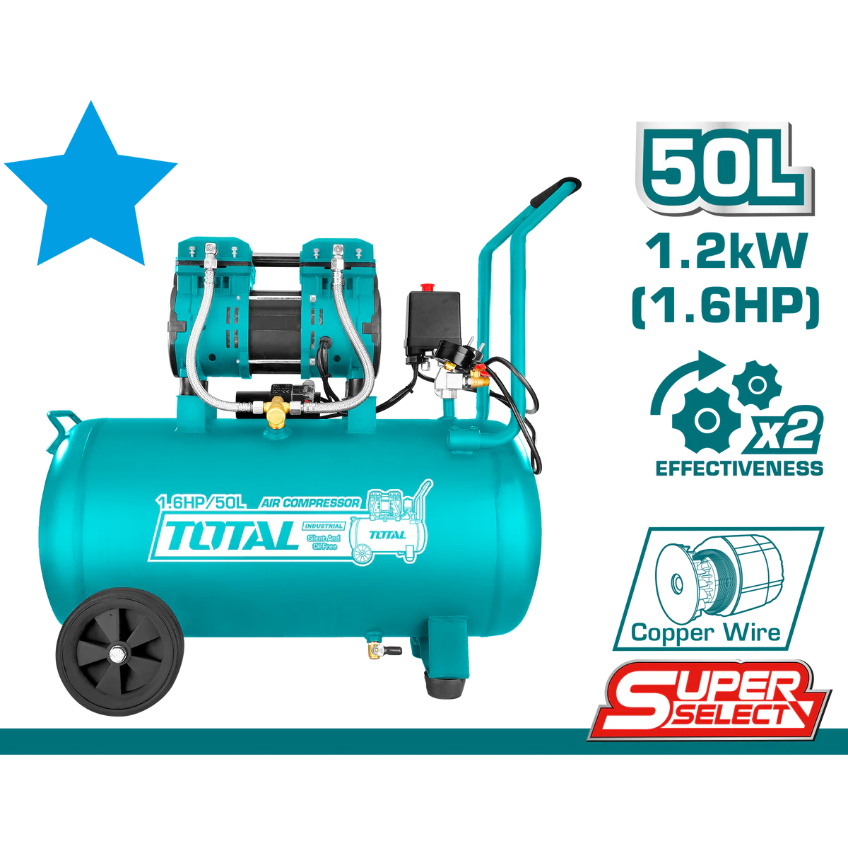 TOTAL TCS1120508 1200W 50L Silent Air Compressor - 1.6HP