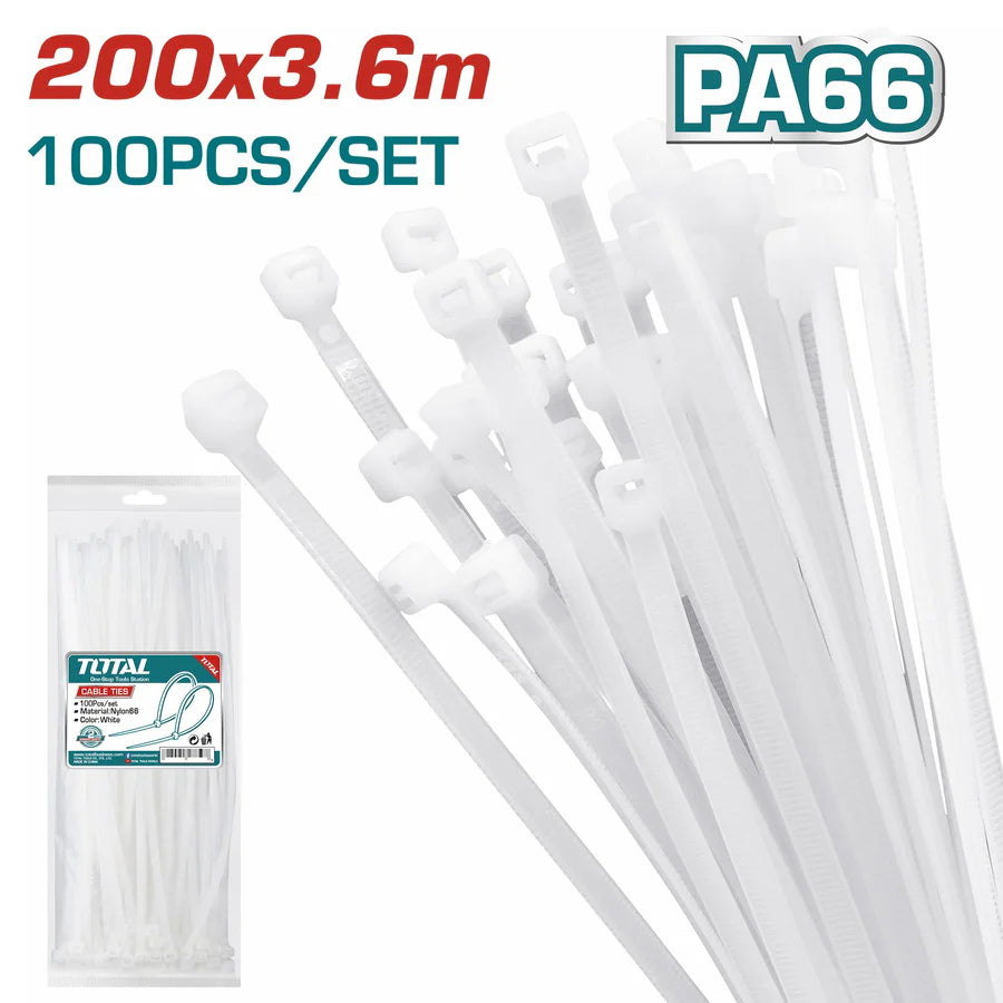 Total 200mm White Nylon Cable Ties THTCT2001