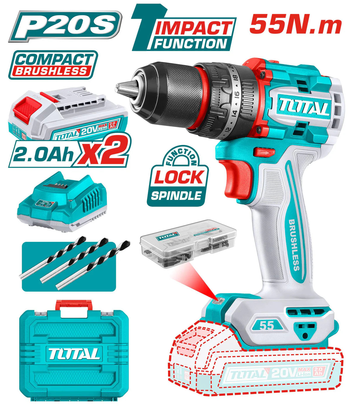 TOTAL 20V Compact Brushless Cordless Impact Drill TIDLI20558
