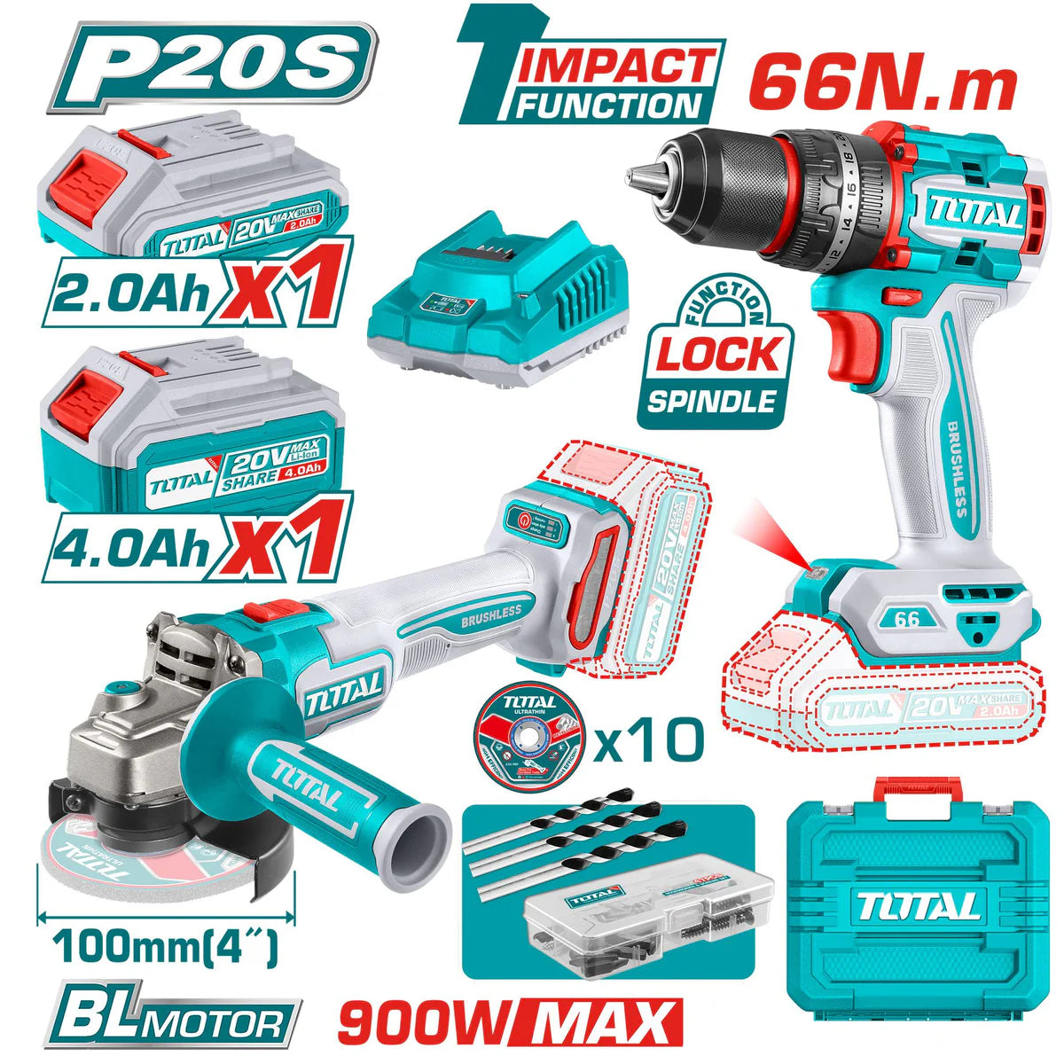 TOTAL 20V Lithium-Ion Cordless 2-Pcs Combo Kit TCKLI2027310
