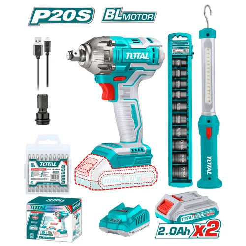 TOTAL 20V Cordless Impact Wrench & Work Lamp Kit TOSLI231004