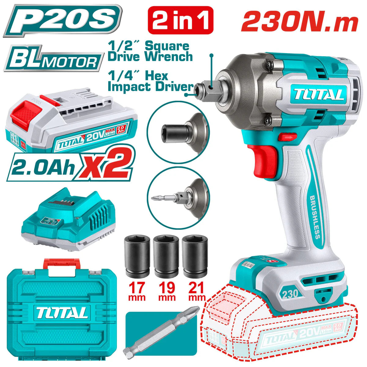 TOTAL Cordless Impact Driver & Wrench 20V TIWLI20236