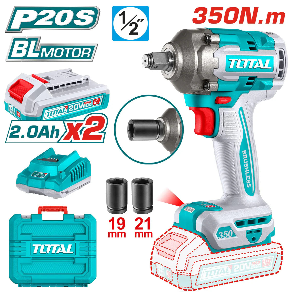 TOTAL 20V Lithium-Ion Brushless Impact Wrench TIWLI2035