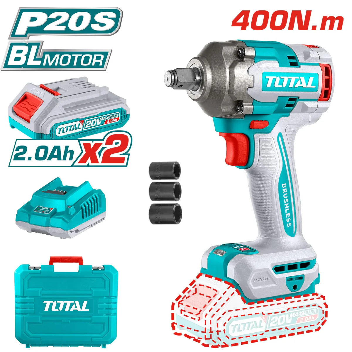 TOTAL 20V Lithium-Ion Brushless Impact Wrench TIWLI2040