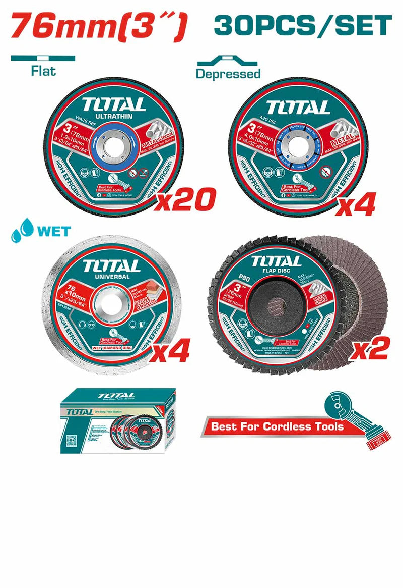 TOTAL TAC97630 30 Pc Cutting & Grinding Disc Set for 3" Grinders