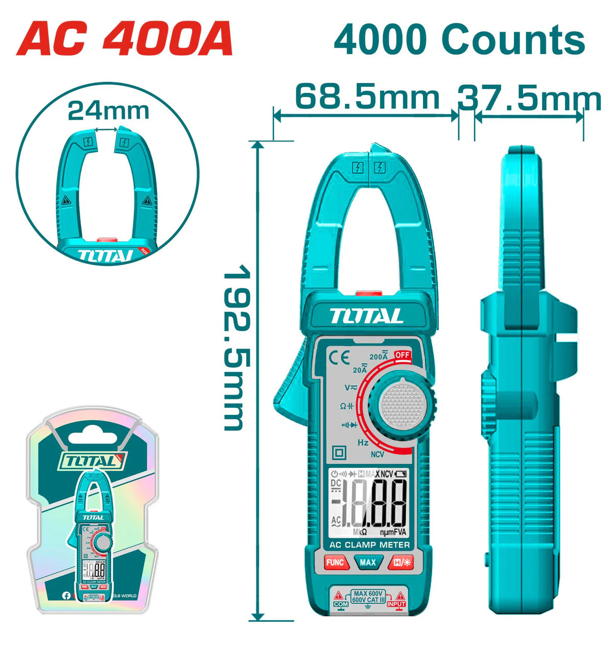 Total TMT762001 True RMS AC Clamp Meter 400A/600V Total