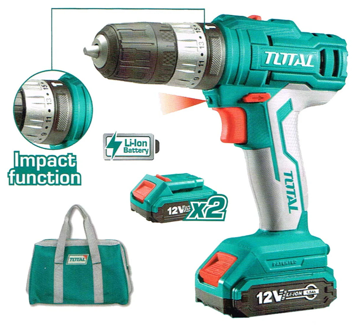 TOTAL 12V Lithium-Ion Cordless Impact Drill TIDLI1222