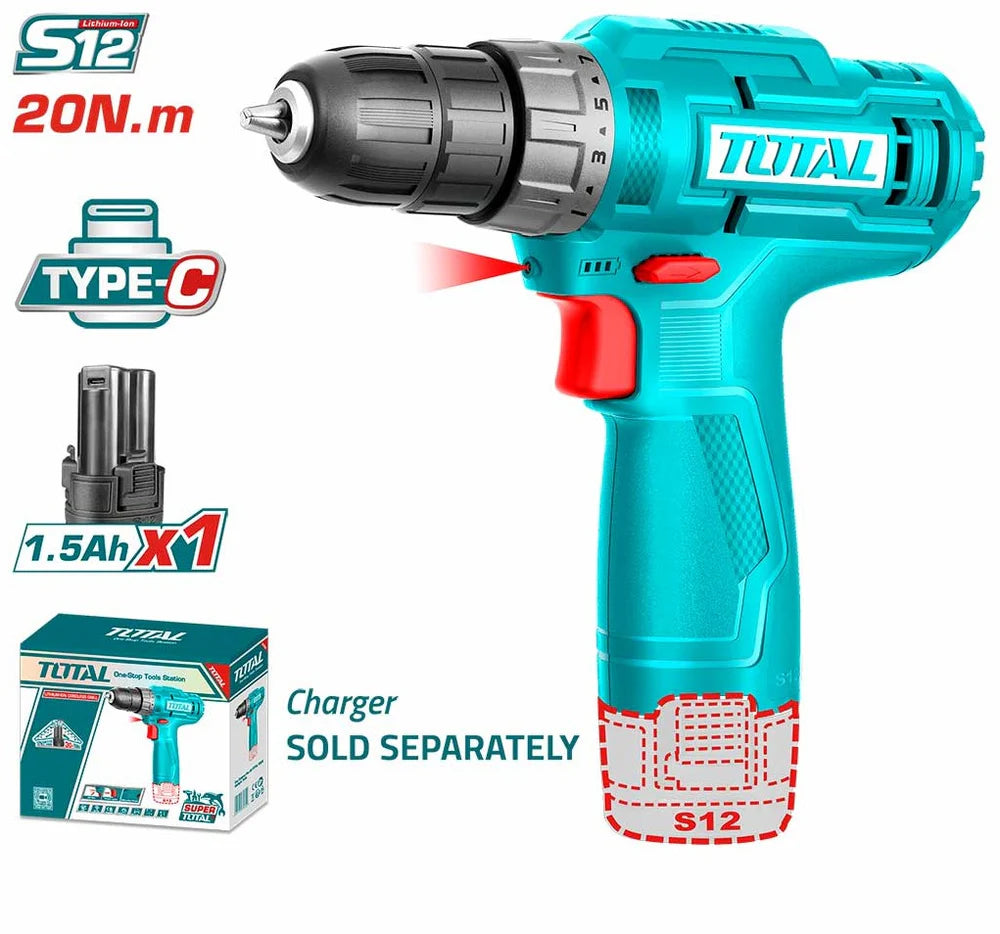 TOTAL TDLI12428 12V Cordless Drill 20Nm 1.5Ah Battery