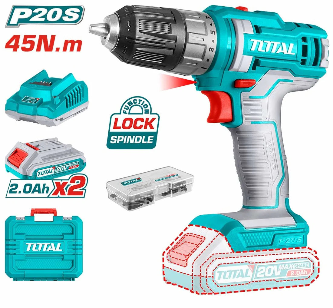 TOTAL 20V Lithium-Ion Cordless Drill with 47Pcs Access. TDLI200528