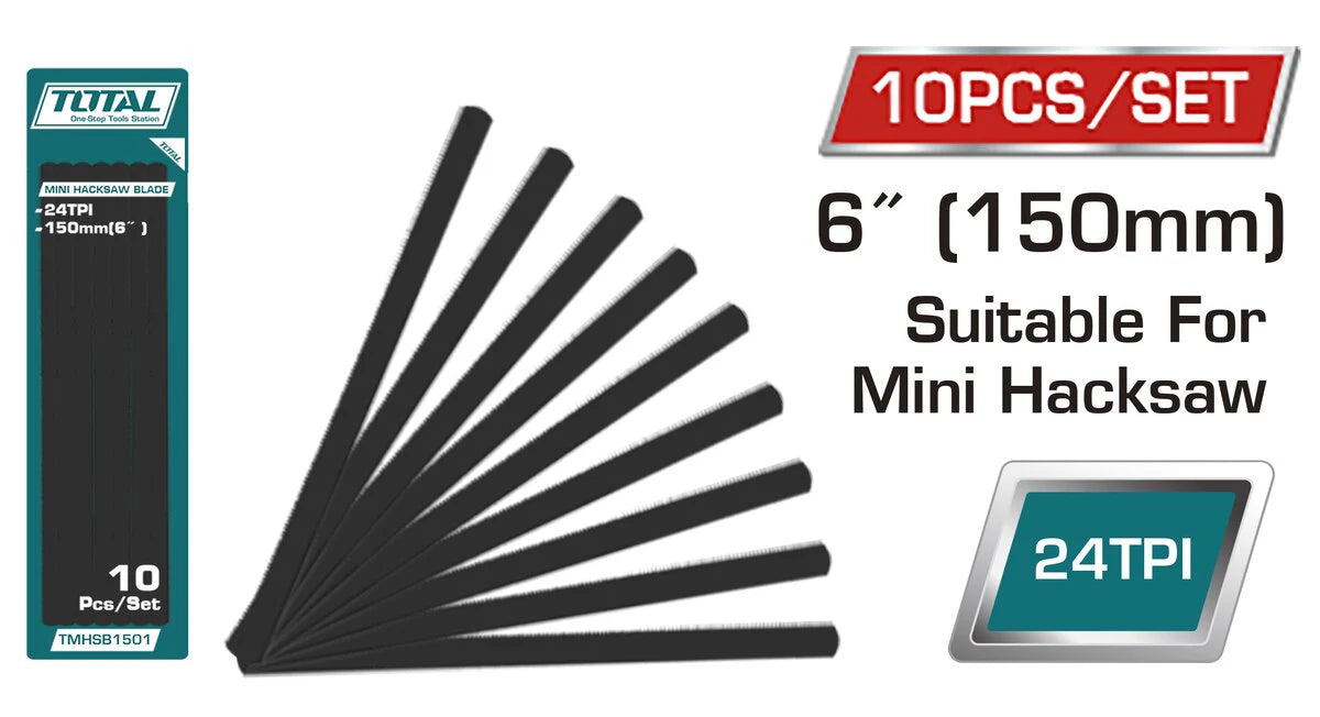 Total 10-Piece 6" (150mm) Mini Hacksaw Blade Set 24TPI | TMHSB1501