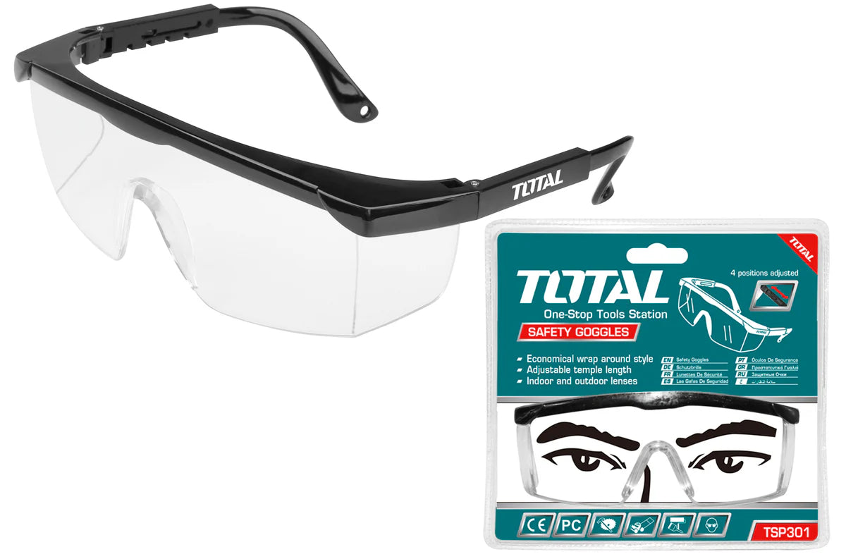 Total Safety Goggles TSP301, PC Lens, Adjustable Temple, Flank Protection