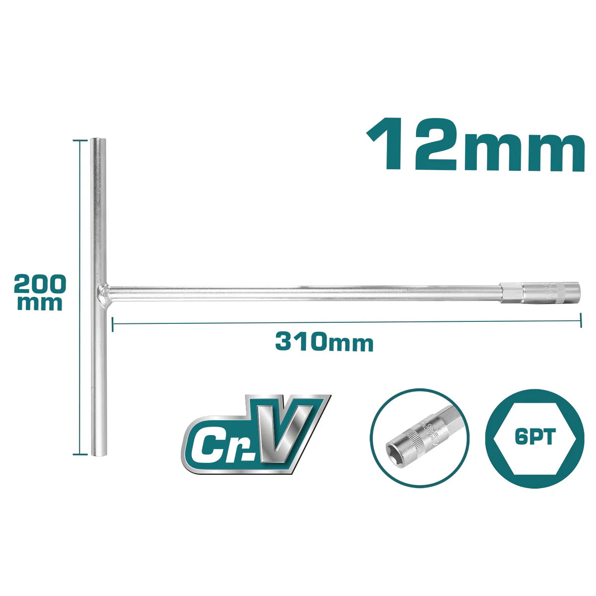 TOTAL THTSW1206 T-Handle Socket Wrench 12mm Cr-V Chrome Total
