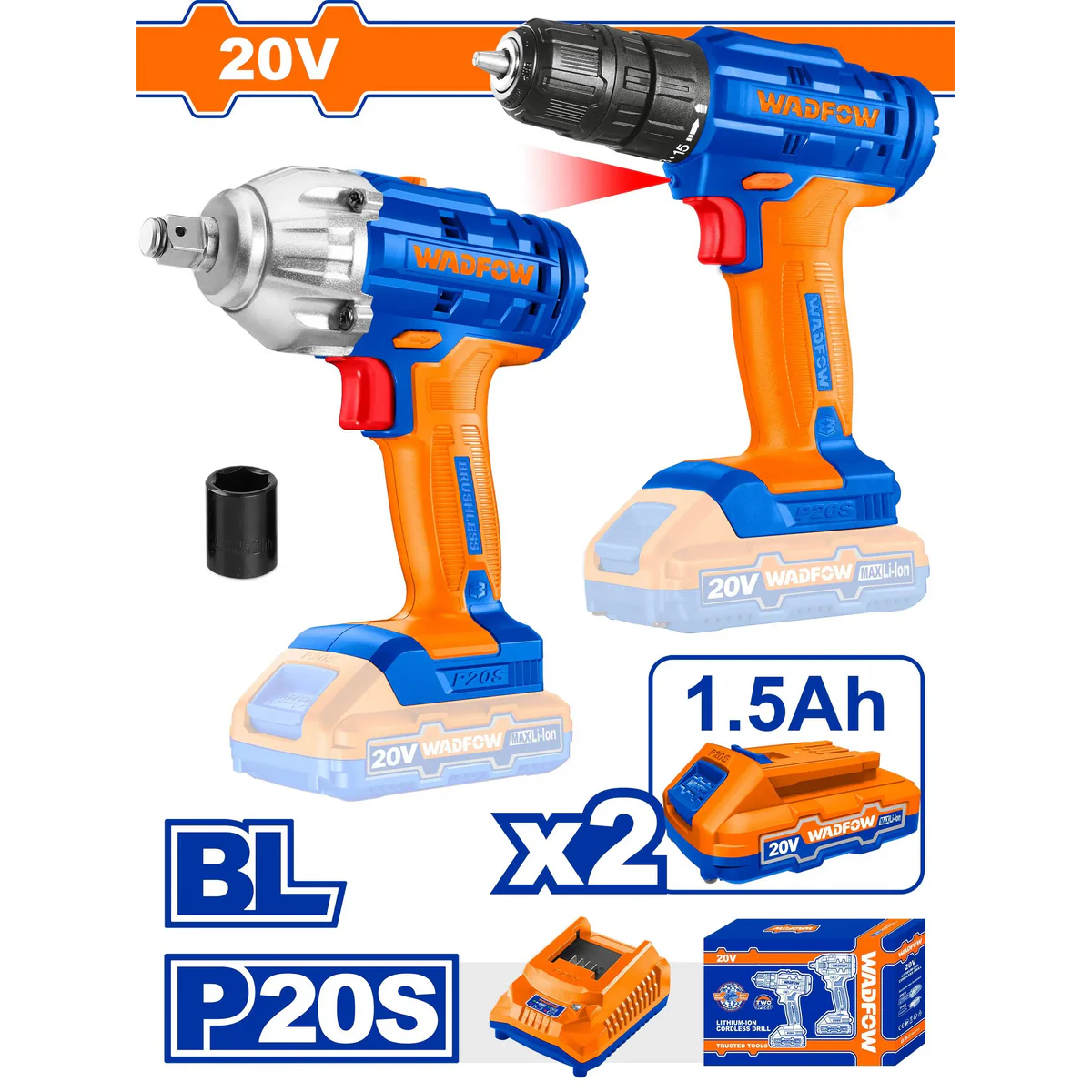 WADFOW 20V Cordless Lithium-Ion Impact Drill and Impact Driver 2-Pcs Combo Kit WOS240981