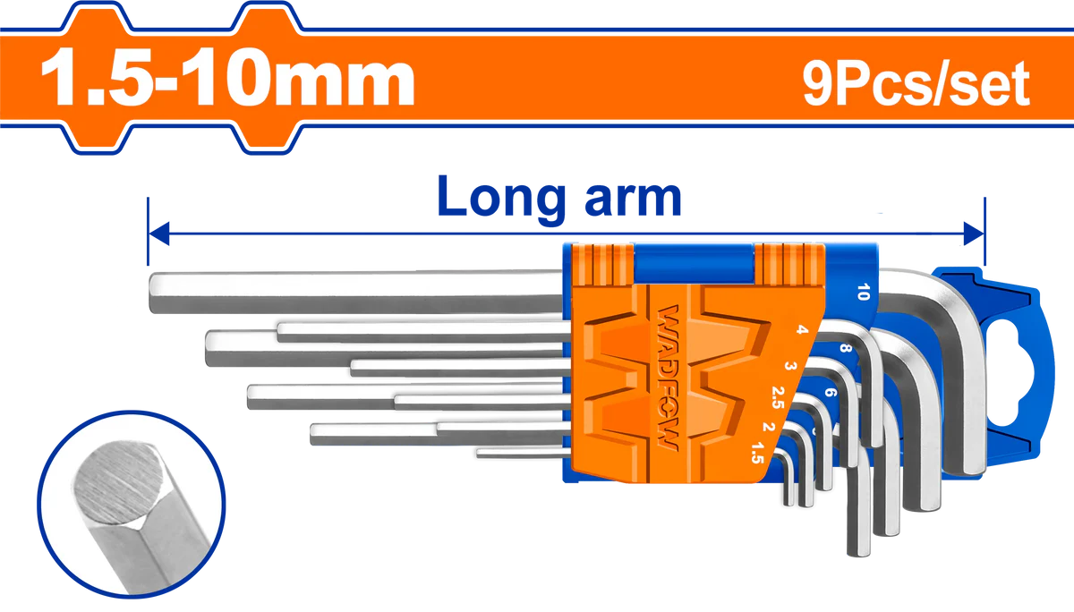 WADFOW 9-Piece Long Arm Metric Hex Key Set 1.5mm to 10mm Cr-V Allen Wrench Kit WHK1291 Wadfow