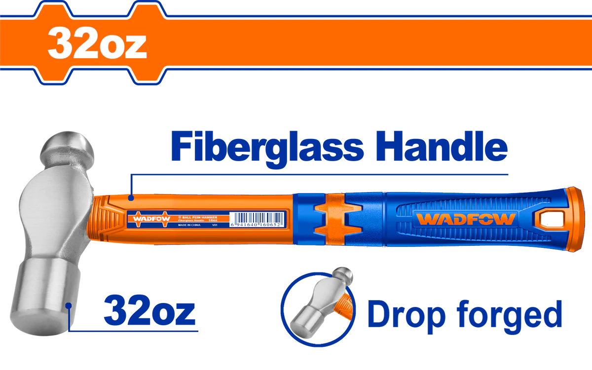 WADFOW 32oz Ball Pein Hammer 900g Drop Forged Carbon Steel Heavy Duty Machinist Metalworking Tool with Fiberglass Handle WHM5332 Wadfow