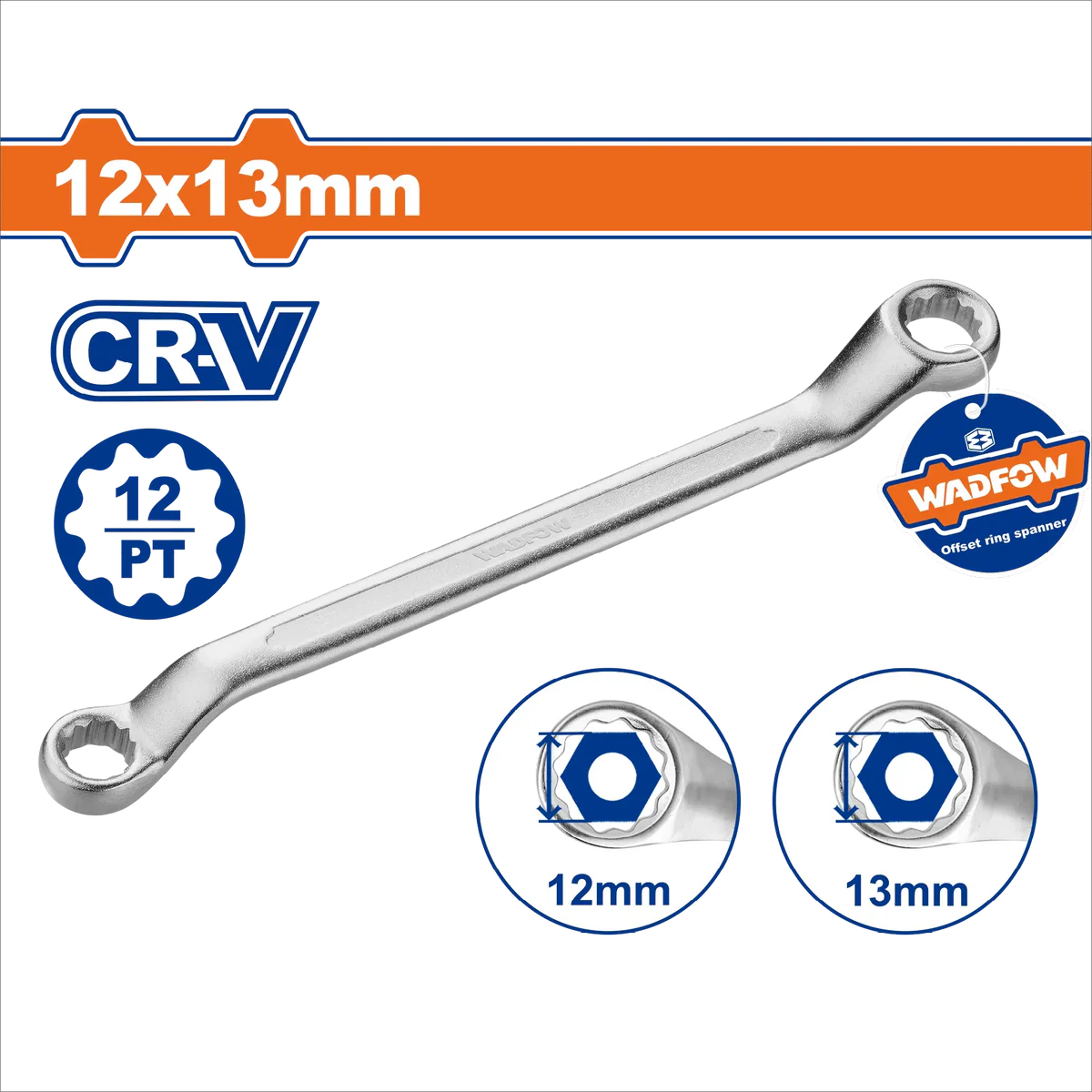 WADFOW 12mm x 13mm Chrome Vanadium Offset Ring Spanner 12-Point Box Wrench WSA3104 Wadfow