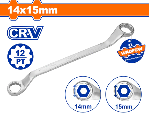 WADFOW 14mm x 15mm Chrome Vanadium Offset Ring Spanner 12-Point Box Wrench WSA3105 Wadfow