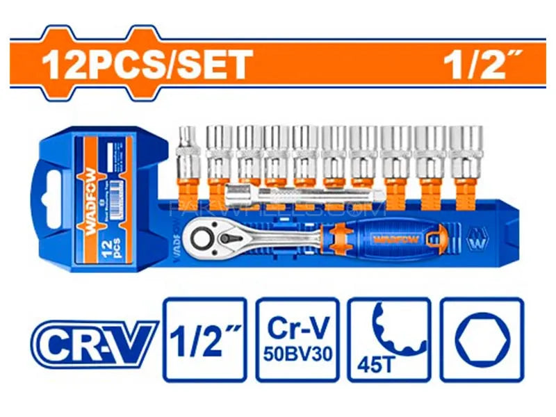 WADFOW 12 Pcs 1/2" Drive Socket Set Cr-V 45T Ratchet & Extension Kit WST2212 Wadfow