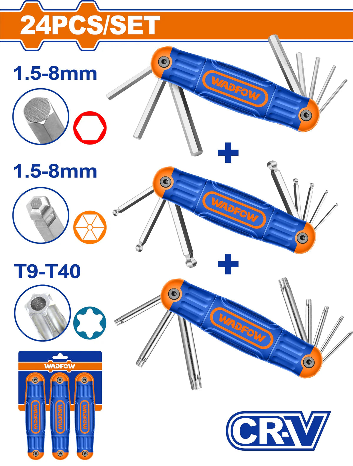 WADFOW 8-Piece Folding Torx Key Set T9 to T40 Cr-V Star Wrench Pocket Driver WHK3281 Wadfow