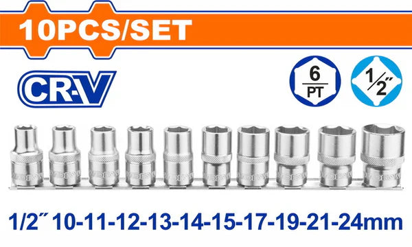 WADFOW 10 Pcs 1/2" Drive Socket Set Cr-V Metric Sockets L-Type Wrench Kit WST2410 Wadfow