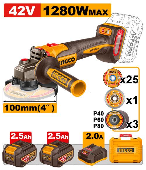 Ingco 42V 1280W 100mm Cordless Angle Grinder | CAGLI4128102 Ingco