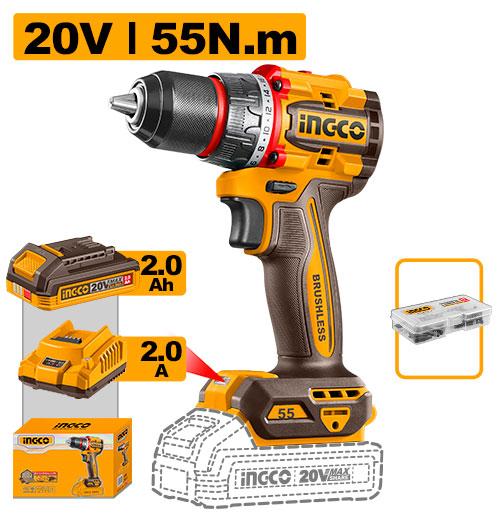 Ingco 20V 55Nm 2.0Ah Compact Brushless Cordless Drill | CDLI205582 Ingco