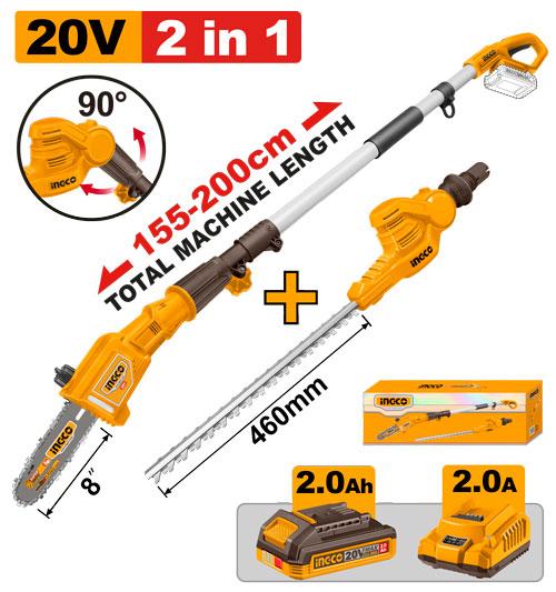 Ingco 20V Cordless Pole Saw with Pole Hedge Trimmer | CPTS201681 Ingco